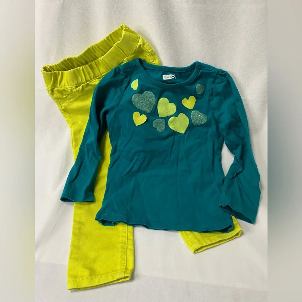 Crazy 8 Dark Turquoise Green Heart Top with Matching Yellow-Green Pants Size 2T